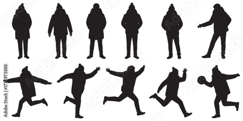 Stylized silhouettes of people engaged in winter activities and everyday poses