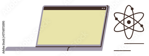 Open laptop next to atom diagram connecting science and technology. Ideal for education, research, innovation, learning, digital tools, online studies, simple flat metaphor