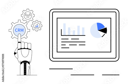Robotic hand selects CRM gear surrounded by icons digital screen shows graphs and pie chart. Ideal for automation, CRM, technology, data analysis, AI, business, productivity. Simple flat metaphor