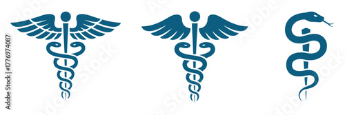Vector icon set of Caduceus and Rod of Asclepius medical symbols