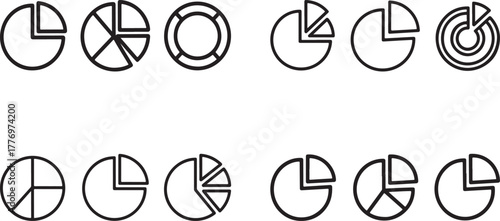 Pie Chart Donut Graph and Data Analysis Outline Vector Icon Set