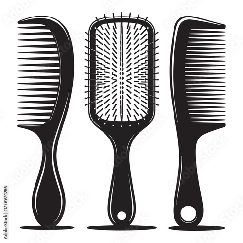A striking black and white vector illustration of essential hair tools