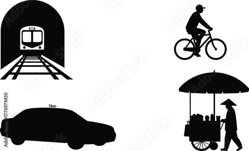 Urban transportation silhouettes vector, train tunnel, bicycle rider, taxi car, street vendor cart with umbrella, city mobility icons, black simple design
