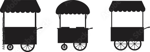 Vendor cart silhouettes vector, market stall icons with canopy and wheels, street food booth design, mobile shop illustration, fair trade stand graphic
