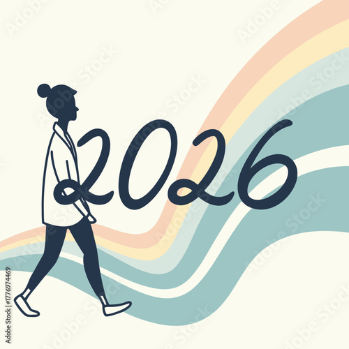 Woman Walking Towards 2026 with Pastel Waves Keywords: woman, silhouette, walking, forward