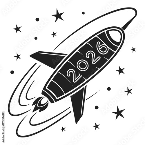 Black and white illustration of a rocket ship with 2026 on its side in space stars