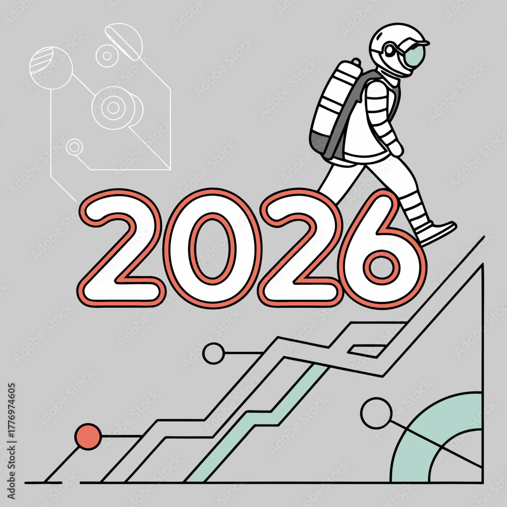 Fototapeta premium Astronaut Climbing Graph with 2026 and Tech Elements chart