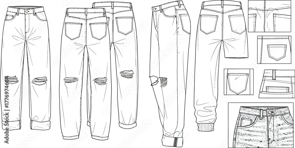 Naklejka premium Line art illustration showcasing various views of ripped jeans with pocket details and cuffed hems