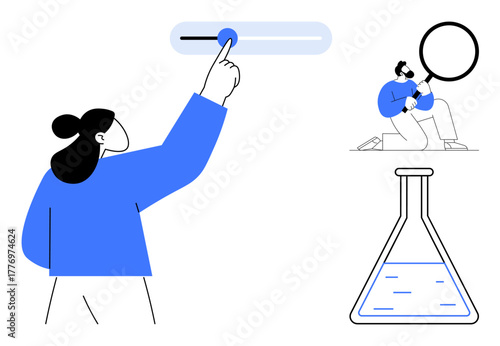Person slides a control knob, another examines data with a magnifying glass, and a chemical flask represents analysis and research. Ideal for technology, research, science, user interaction