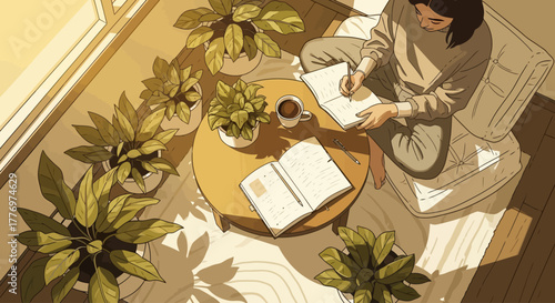 A peaceful overhead view of a person writing in a sunlit room filled with numerous potted plants, enjoying a quiet moment with coffee and a book.