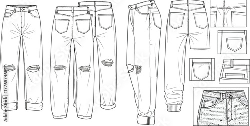 Line art illustration showcasing various views of ripped jeans with pocket details and cuffed hems