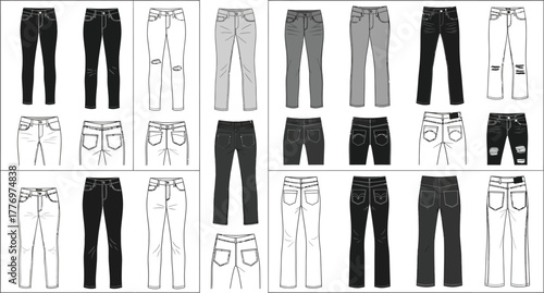 Various styles of jeans in black white and gray displayed in a pattern for fashion design purposes