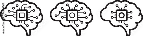 Set of Brain with Microchip Outline Icons - Artificial Intelligence Concept Vector