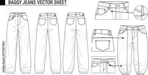 Baggy jeans vector sheet showcasing front and back views with detailed pocket and waistband closeups