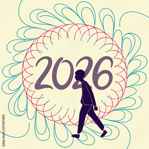 Person walking within decorative circular frame with year 2026 new year