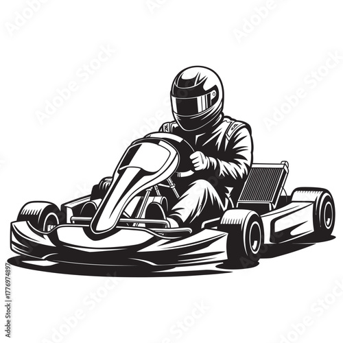 Detailed black and white illustration of a go-kart driver racing