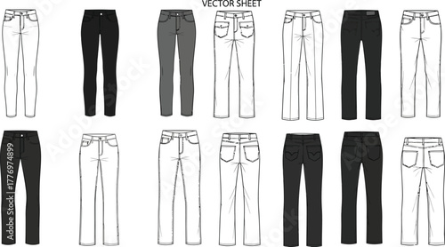 Vector sheet showcasing various styles and colors of pants including jeans and other casual trousers