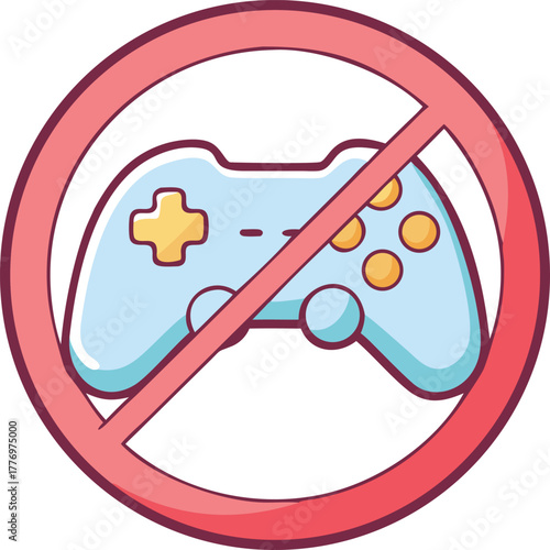 A blue video game controller is crossed out with a red prohibition symbol. The image implies gaming is not allowed. The tone is restrictive and clear.