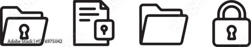 Set of Data Security Icons - Locked Folder, Secured File, and Padlock Outline Vector