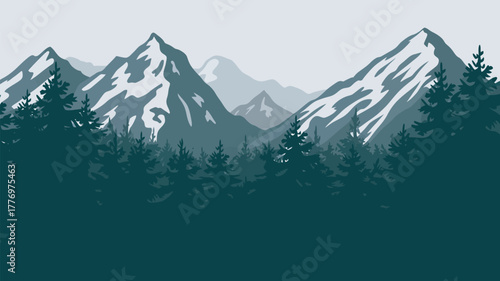 Minimalist vector illustration of majestic mountain peaks and dense forest landscape