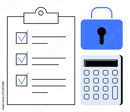 Checklist with checkmarks, a secure padlock, and a calculator emphasize tasks, financial management, data security, and compliance. Ideal for productivity, organization, finance security auditing
