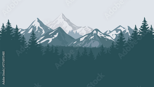 A stylized vector illustration of a mountain range with a pine forest