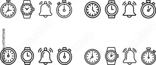 Set of Time, Alarm, and Watch Outline Icons - Clock Line Art Vector Collection
