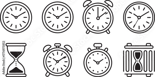 Time Clock Alarm Stopwatch and Hourglass Outline Vector Icon Set