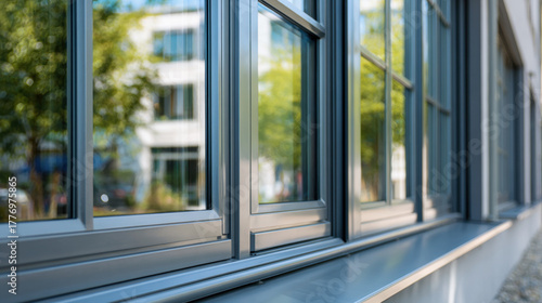Aluminum window frame with reflective glass panels showing blurred outdoor greenery and building reflections in daylight