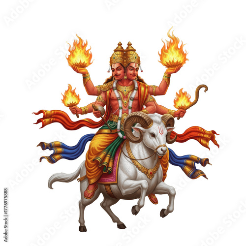 Papier peint Lord Agni, two-headed fire god holding flames, riding ram, Hindu deity art, whit