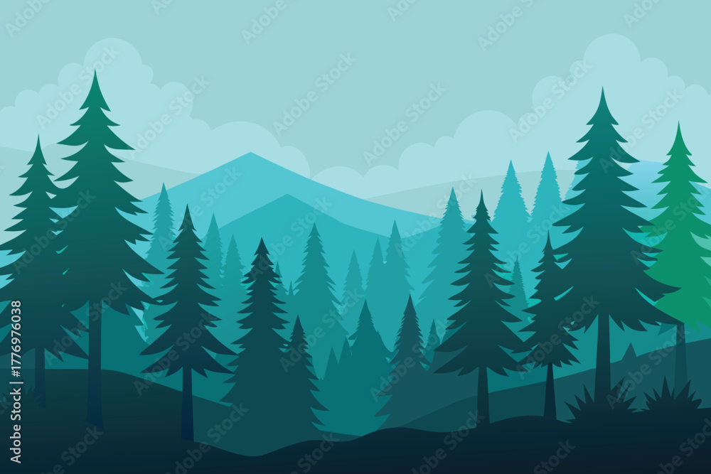 Fototapeta premium Illustrated forest scene with layered silhouettes of pine trees and distant mountains. The cool blue and green tones create a calm and serene atmosphere.