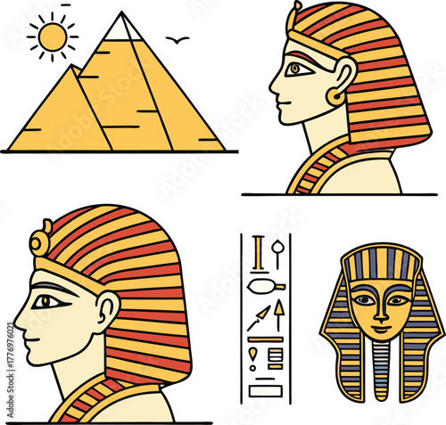 Illustration of Egyptian elements: a pyramid under the sun, two pharaoh profiles with striped headdresses, hieroglyphs, and a mask. Vibrant and historic.