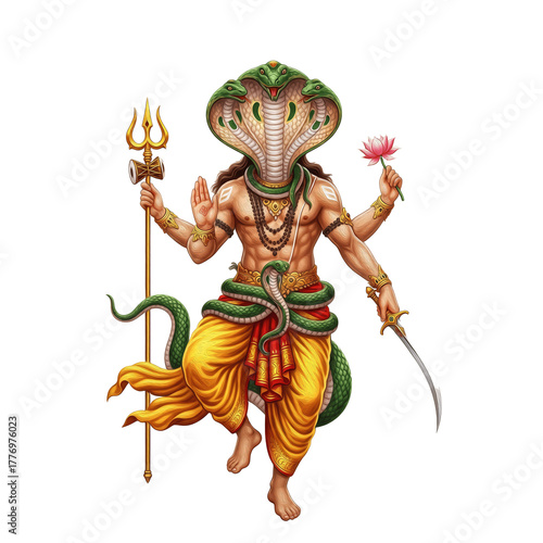 Ketu Graha, serpent head with human body, mystical Hindu astrology deity, white background, Ketu dev kala, केतु देव कला