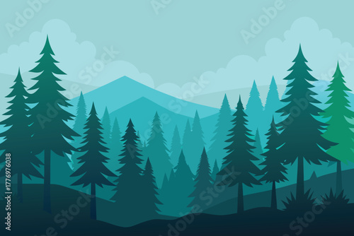 Illustrated forest scene with layered silhouettes of pine trees and distant mountains. The cool blue and green tones create a calm and serene atmosphere.