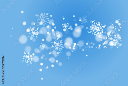 Magical heavy snow flakes backdrop. Snowstorm speck ice particles. Snowfall sky white teal blue wallpaper. Rime snowflakes vector. Snow hurricane landscape.