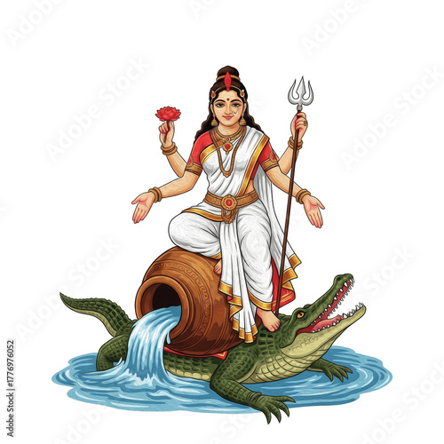 Goddess Ganga Devi, rising from water pot, riding crocodile, wearing white saree, divine river goddess, Ganga maa kala, गंगा मां कला