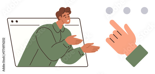 Man emerging from browser window gesturing, with a hand pointing at three dots. Ideal for communication, collaboration, online learning, technology, guidance, user interface teamwork. Simple flat