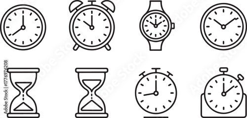 Set of Time and Measurement Outline Icons - Clock, Alarm, and Hourglass Vector
