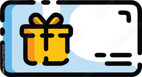 A blue voucher icon with a yellow gift box and bow on the left side. The design is simple and cheerful, suggesting a gift card or certificate.