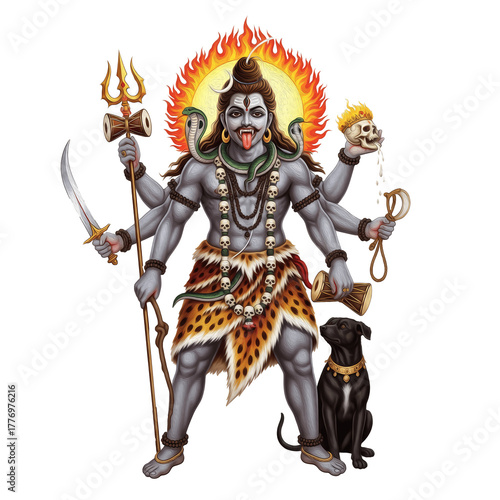 Lord Bhairava , fierce Shiva form with trident, skull, and dog, white background, Kaal Bhairav Bhagwan kala, काल भैरव भगवान कला