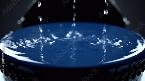Water Droplets Falling into a Blue Bowl: Close-up Abstract