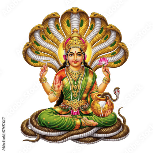 Goddess Manasa Devi, snake goddess, surrounded by cobras, Hindu Devi of snakes and protection, white background, Maa Manasa Devi saapon se gheri hui, मां मनसा देवी सर्पों से घिरी हुई