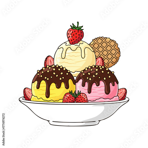 Ice cream sundae with strawberry, waffle, and chocolate toppings.