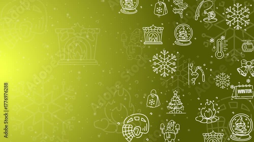 Doodle winter holiday icons line art seamless pattern with particles on a yellow background.