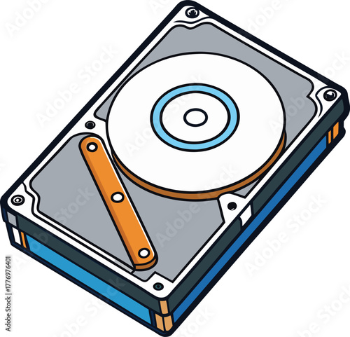 Isometric illustration of a computer hard drive with a circular disk and orange actuator arm. Clean design, conveying a tech and digital theme.