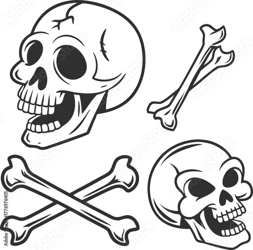 Playful, cartoonish skull illustrations: two grinning skulls and crossed bones feature bold outlines. The image conveys a lighthearted, spooky vibe.