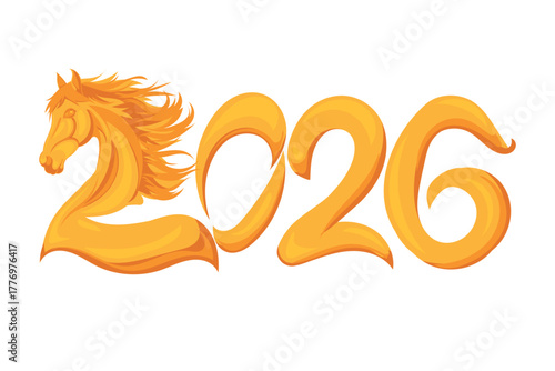 Golden horse forming the number 2026 representing the zodiac year of the horse, perfect for Chinese New Year celebration, luck, greeting cards, and festive design themes.