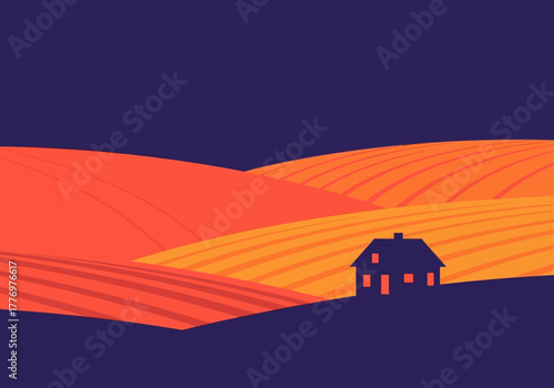Minimalist illustration of a dark house silhouette on rolling colorful fields at dusk