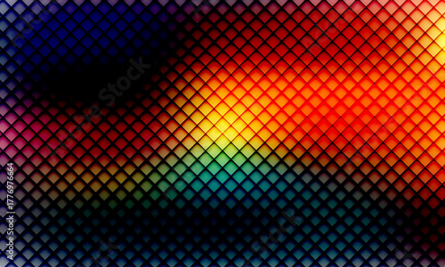Abstract glass ripple texture pattern halftone symmetry with dark gradient background and vivid orange, blue, and lilac light streaks. Futuristic, moody abstract glow, reeded rectangle blur. Vector