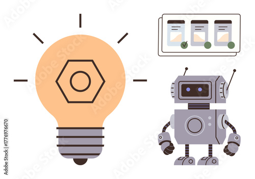 Robot with antennas standing next to a glowing lightbulb symbolizing creativity, and a task panel representing organization. Ideal for education, innovation, technology, robotics, workflow, problem